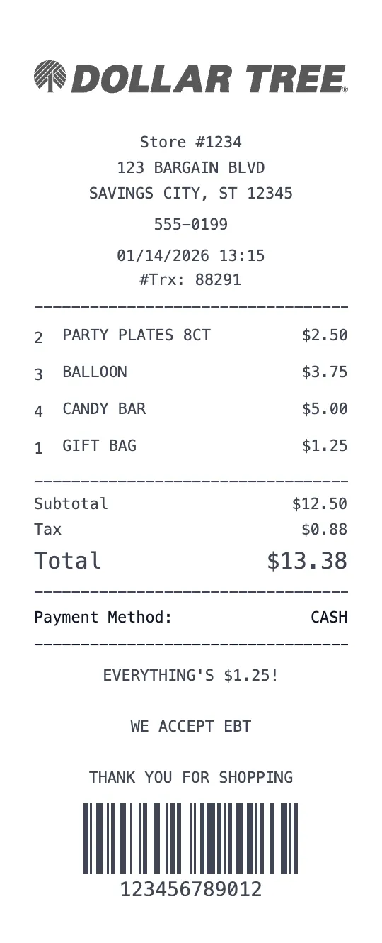 Dollar Tree receipt template preview - free retail receipt maker