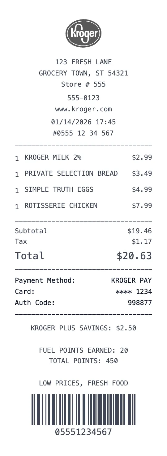 Kroger receipt template preview - free grocery receipt maker