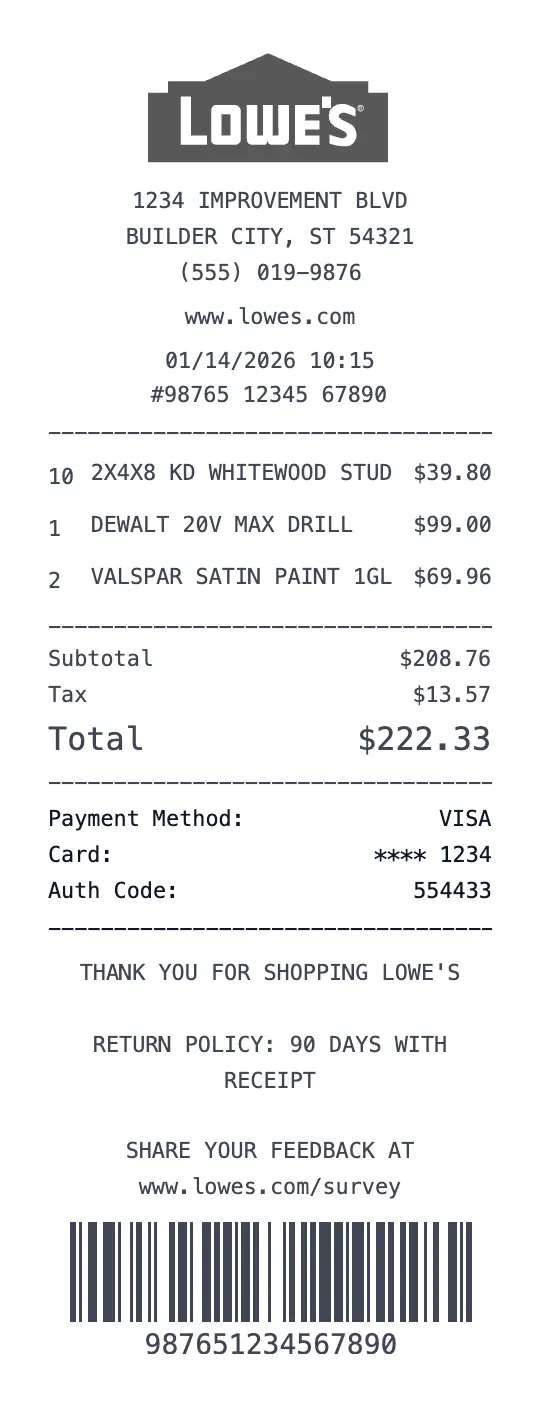Lowe's Home Improvement receipt template preview - free retail receipt maker
