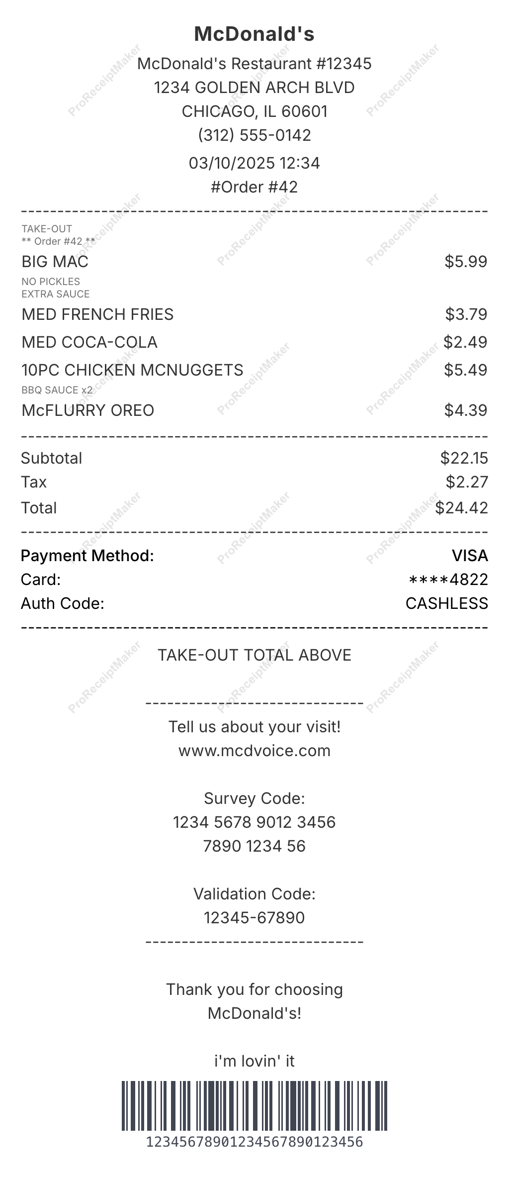 McDonald's receipt template preview - free restaurant receipt maker