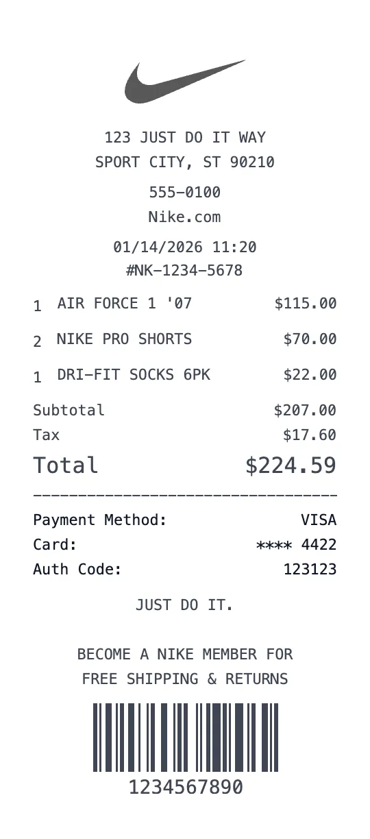 Nike Store receipt template preview - free retail receipt maker