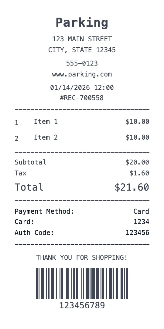 Create a Parking receipt online Parking receipt template preview - free parking receipt generator