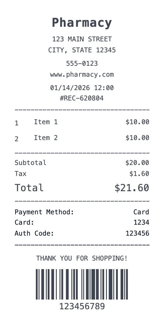 Pharmacy receipt template preview - free retail receipt maker