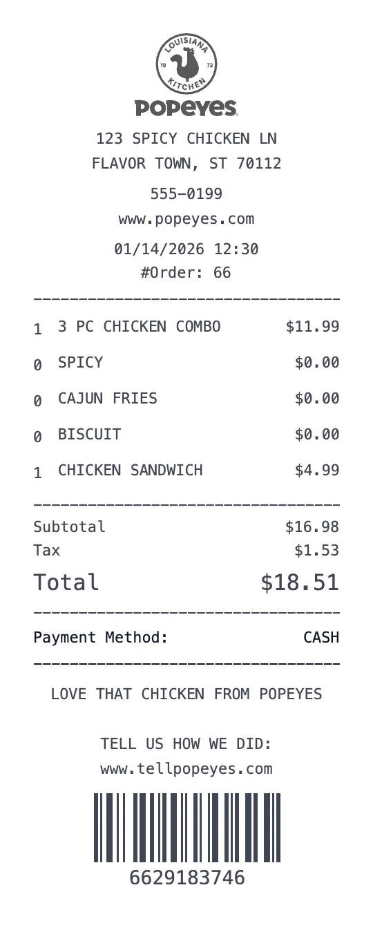 Popeyes receipt template preview - free restaurant receipt maker