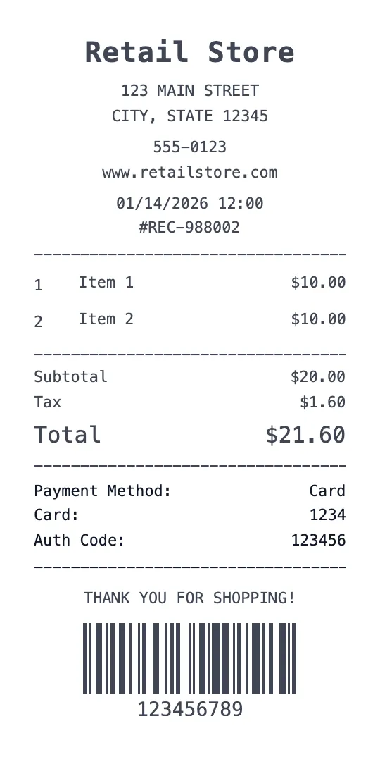 Retail Store receipt template preview - free retail receipt maker