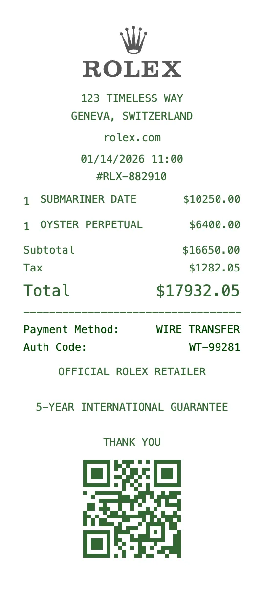 Rolex receipt template preview - free luxury receipt maker
