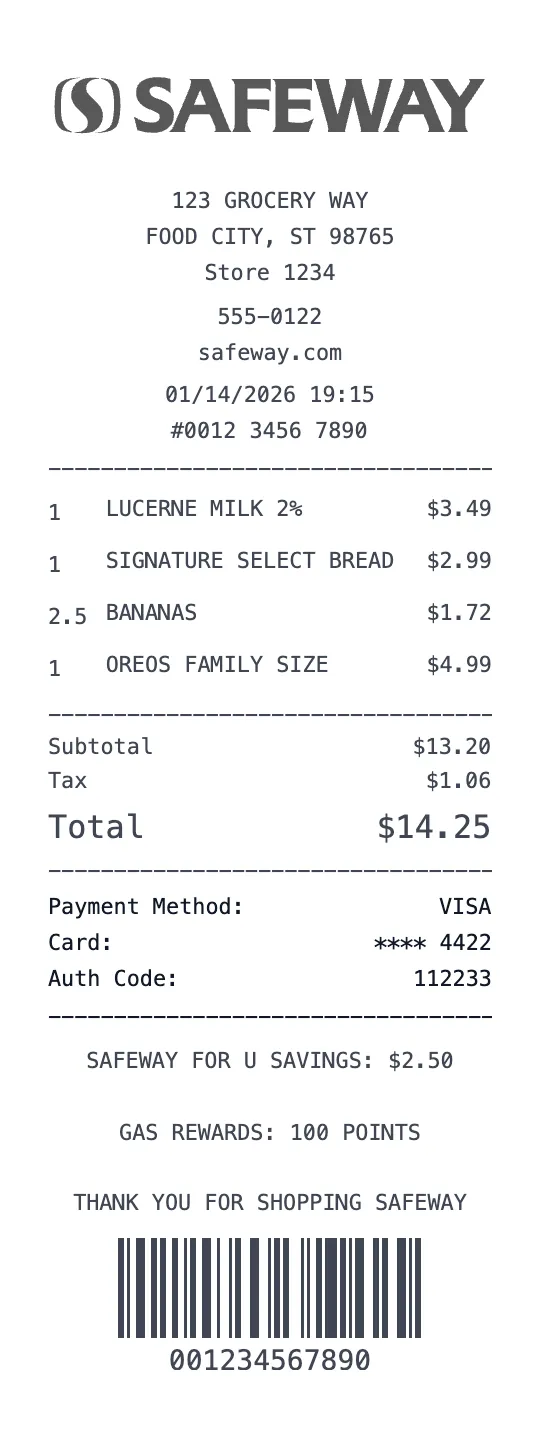 Safeway receipt template preview - free grocery receipt maker