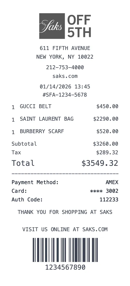 Saks Fifth Avenue receipt template preview - free luxury receipt maker