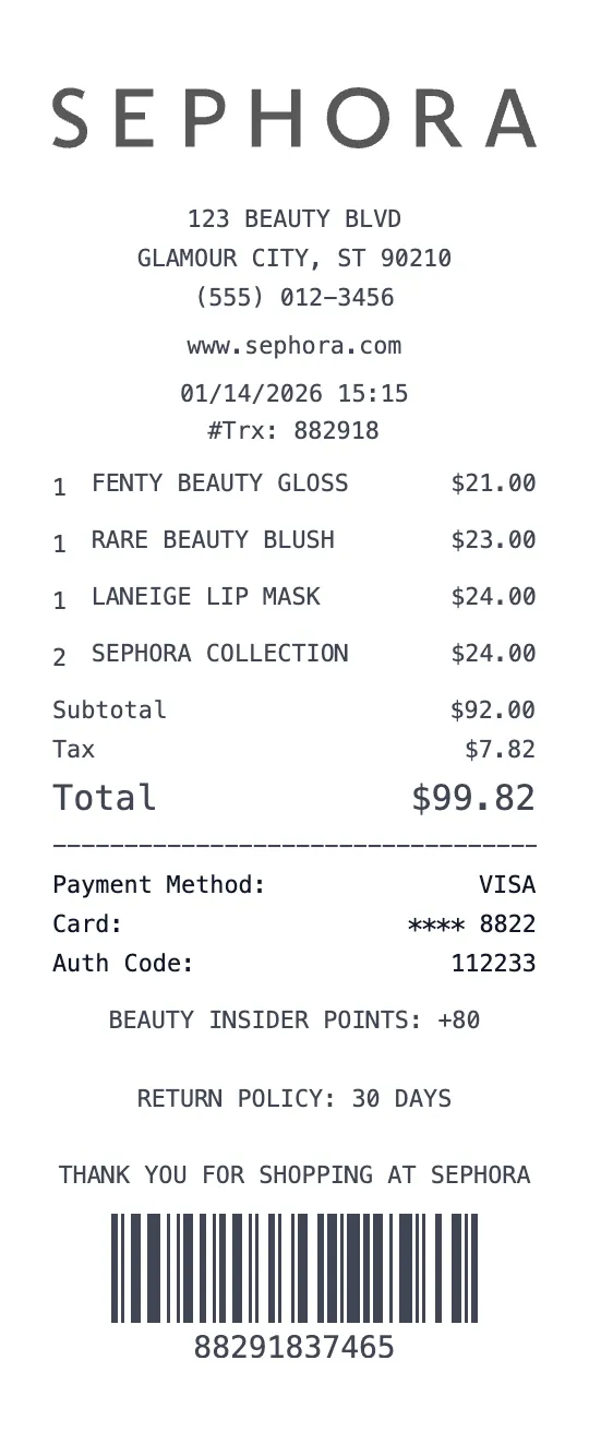 Sephora receipt template preview - free beauty receipt maker