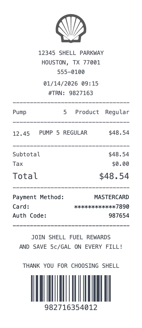 Shell Station receipt template preview - free gas receipt maker