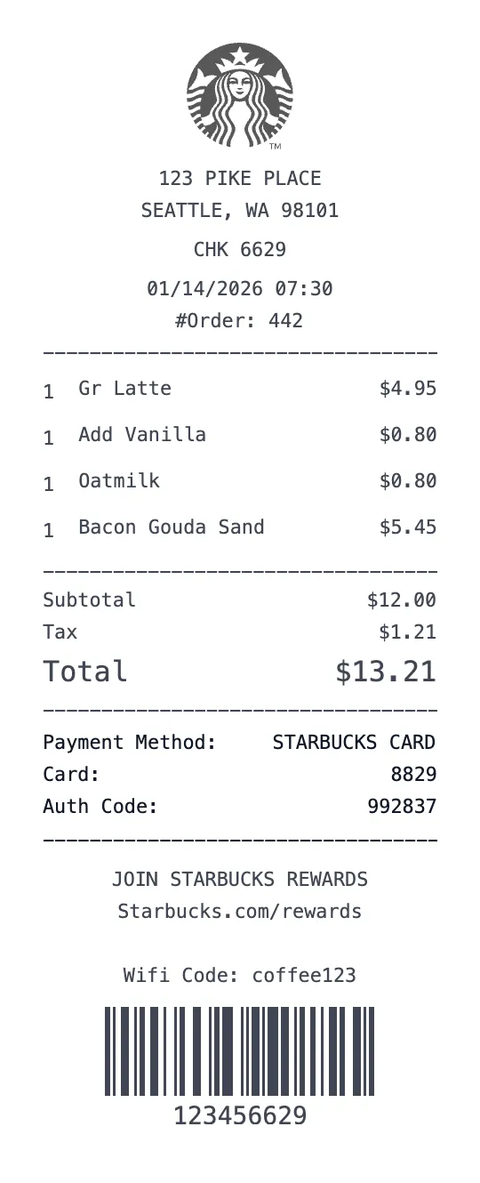 Starbucks Coffee receipt template preview - free coffee & cafe receipt maker