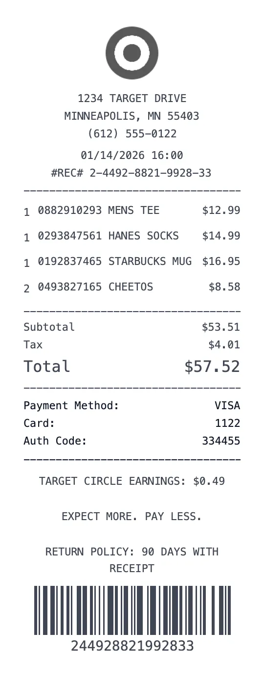 Target receipt template preview - free retail receipt maker