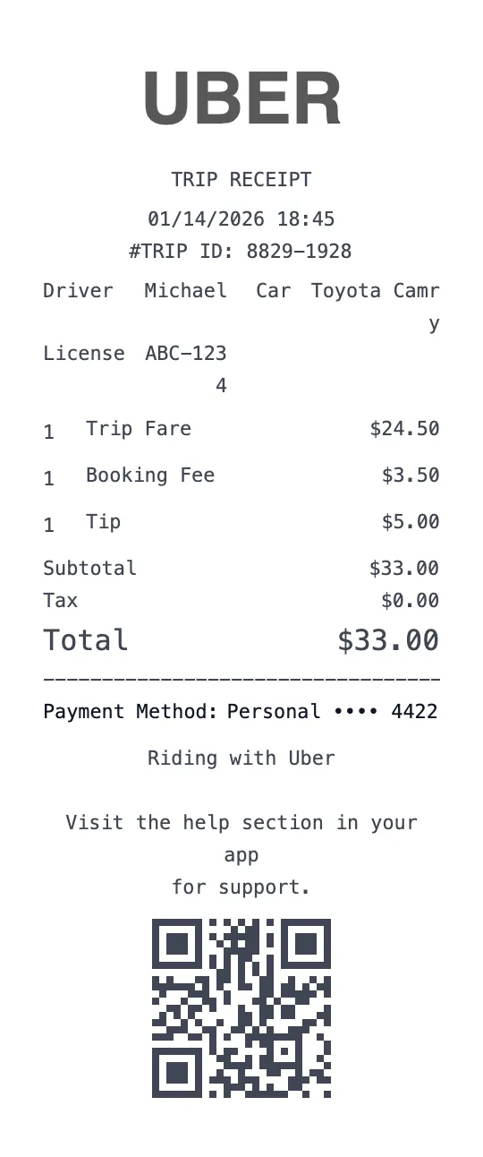 Uber Trip receipt template preview - free taxi receipt maker