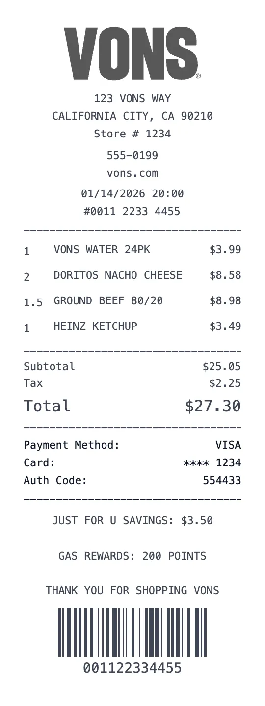 Vons receipt template preview - free grocery receipt maker