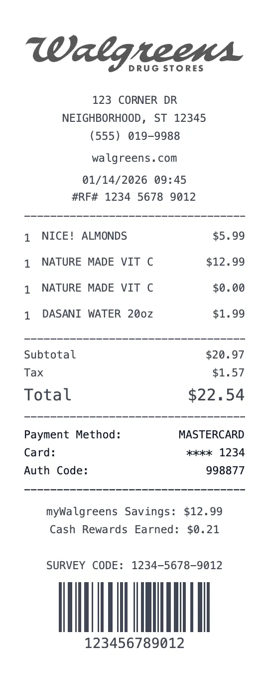 Walgreens receipt template preview - free pharmacy & medical receipt maker