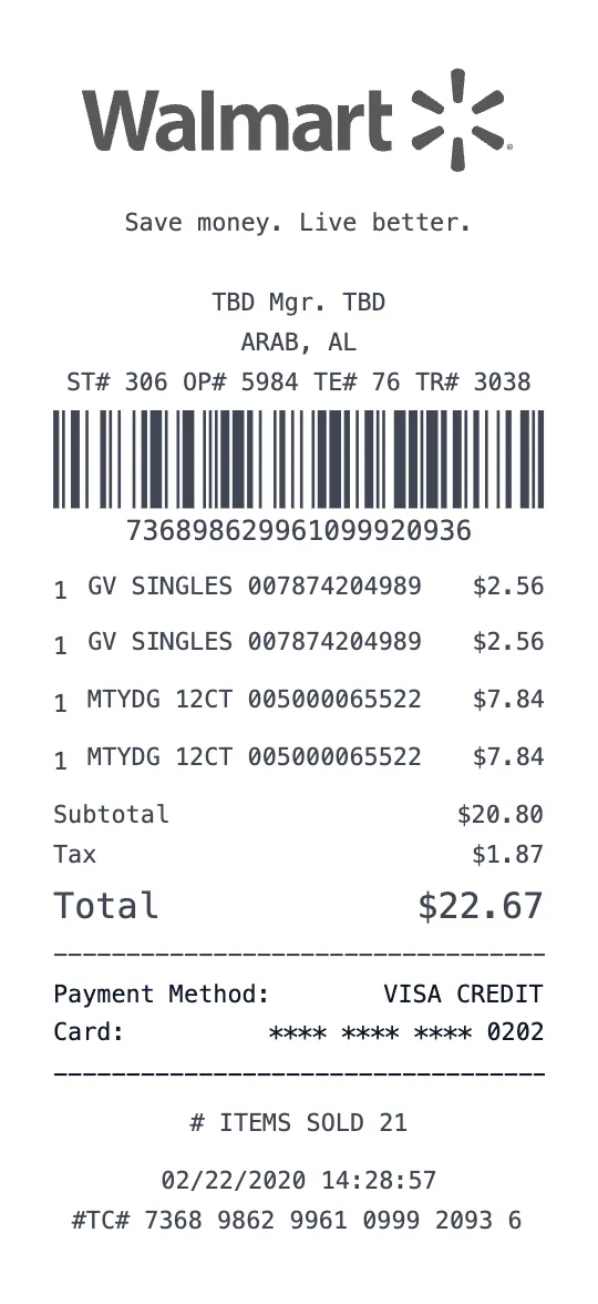 Walmart Supercenter receipt template preview - free grocery receipt maker