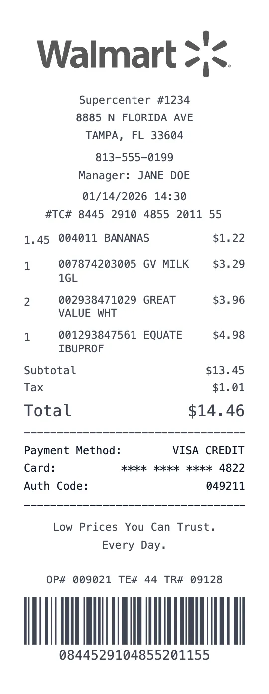 Walmart Supercenter receipt template preview - free grocery receipt maker