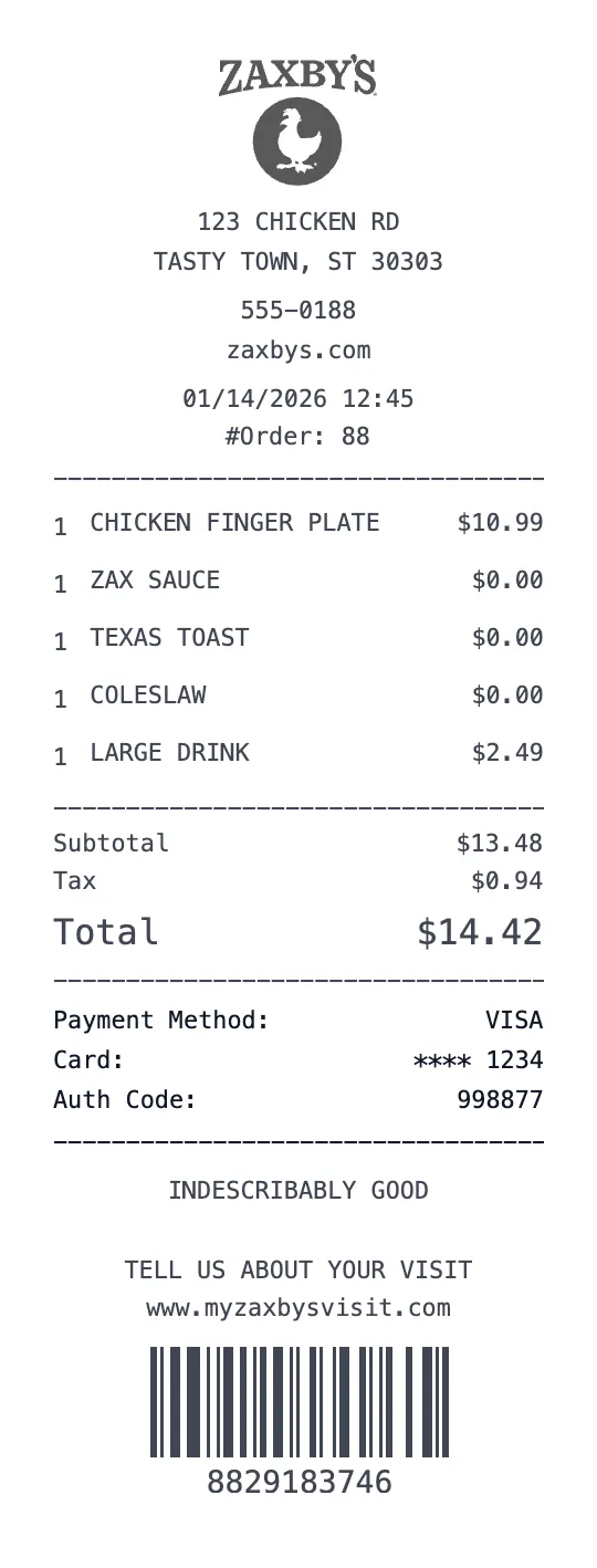 Zaxby's receipt template preview - free restaurant receipt maker